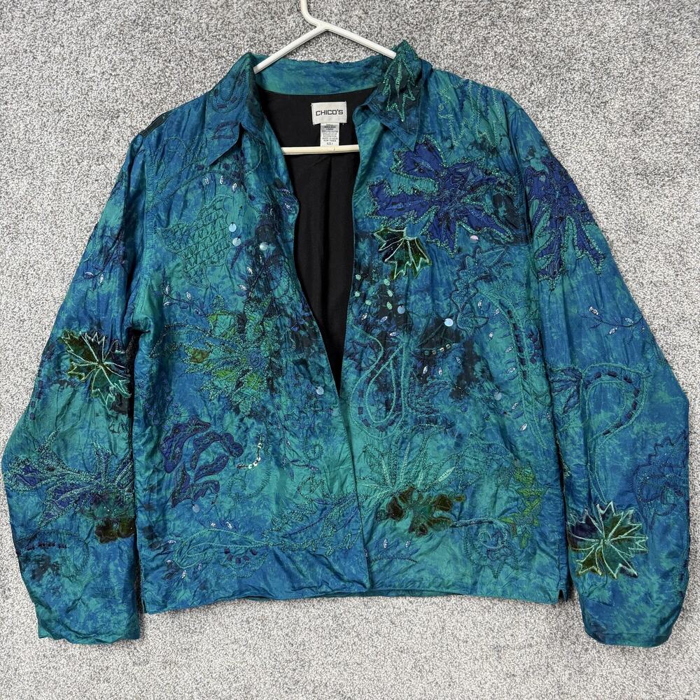 VTG 90s Y2K Chico's Jacket Size 1 Blue Green Silk Sequin Embroidered Boho Floral